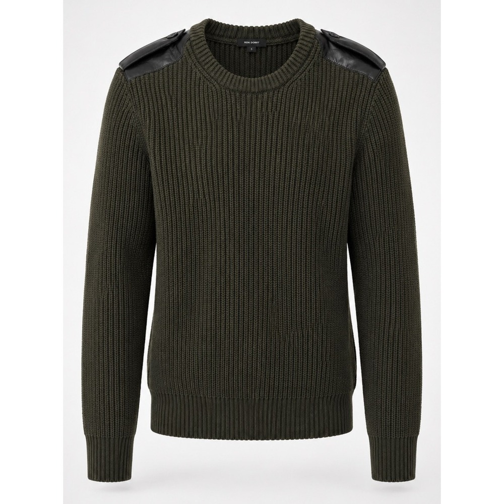 PORSCHE DESIGN Military Sweater M Olive Green Wool Ribbed Lambskin Leather Trim